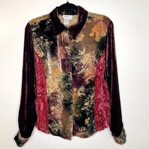 Coldwater Creek Womens Velvet Burnout Button-Down Top‎ Multicolor Blouse Large